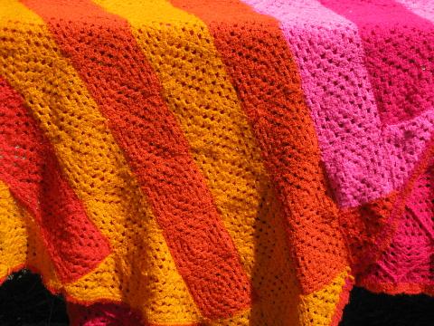 retro 60s vintage crochet afghan, shocking pink, flame orange & gold