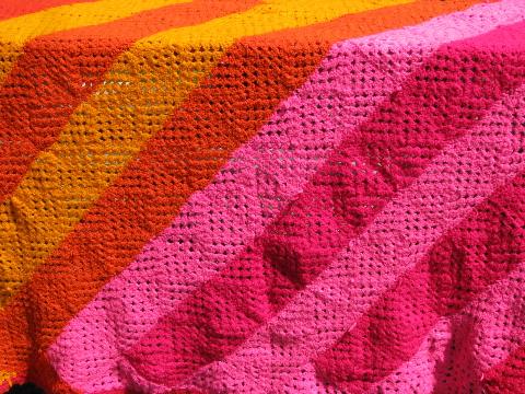 retro 60s vintage crochet afghan, shocking pink, flame orange & gold