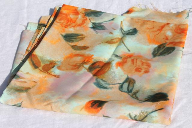 retro 60s vintage print poly crepe fabric, clouds of orange roses on misty blue grey