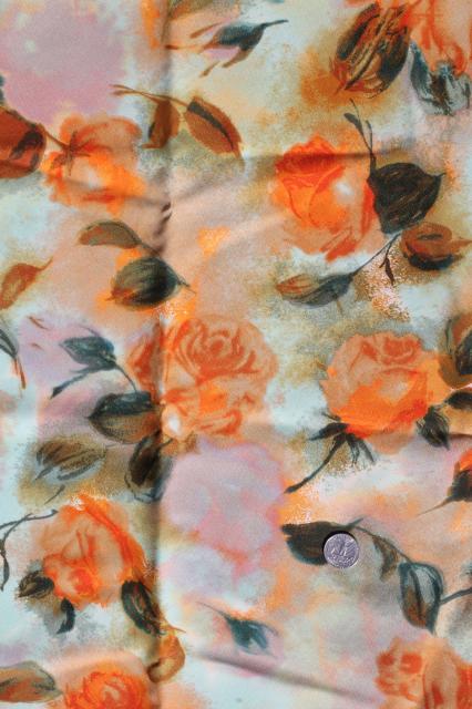 retro 60s vintage print poly crepe fabric, clouds of orange roses on misty blue grey