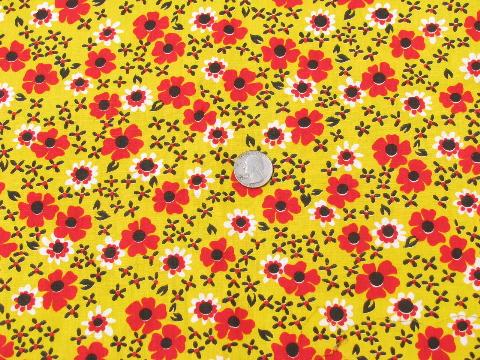 retro 60s vintage yellow and red calico flowered print cotton fabric