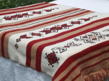 retro 70s fringed indian blanket afghan, hand stitched southwest designs