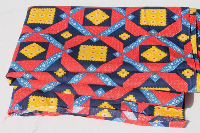 retro 70s patchwork quilt print cotton fabric w/ bright primary color blocks