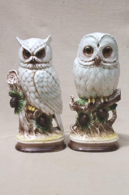 retro 70s vintage ceramic owls, snowy white owls, barn owl & horned owl