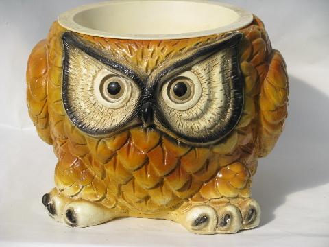 retro 70's vintage, old owl cement planter for camp or cabin