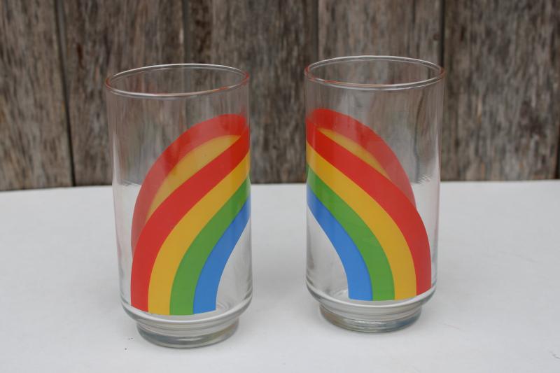 retro 80s 90s vintage rainbow print glass tumblers, two drinking glasses