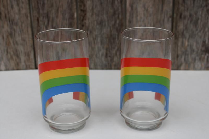 retro 80s 90s vintage rainbow print glass tumblers, two drinking glasses