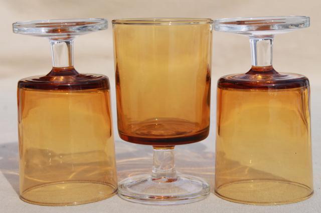 retro amber / clear glass stemmed glasses, vintage Luminarc - France Cavalier pattern