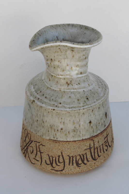 retro artisan handcrafted pottery wine carafe If Any Man Thirst script motto