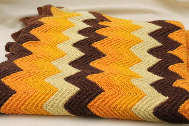 retro autumn colors knit lace & crochet chevrons afghans, vintage throw blankets for fall