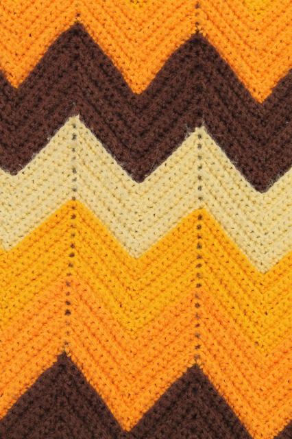 retro autumn colors knit lace & crochet chevrons afghans, vintage throw blankets for fall