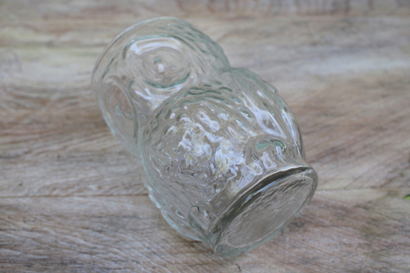 retro big eyed sad owl figural jar or drinking glass, pressed glass tumbler