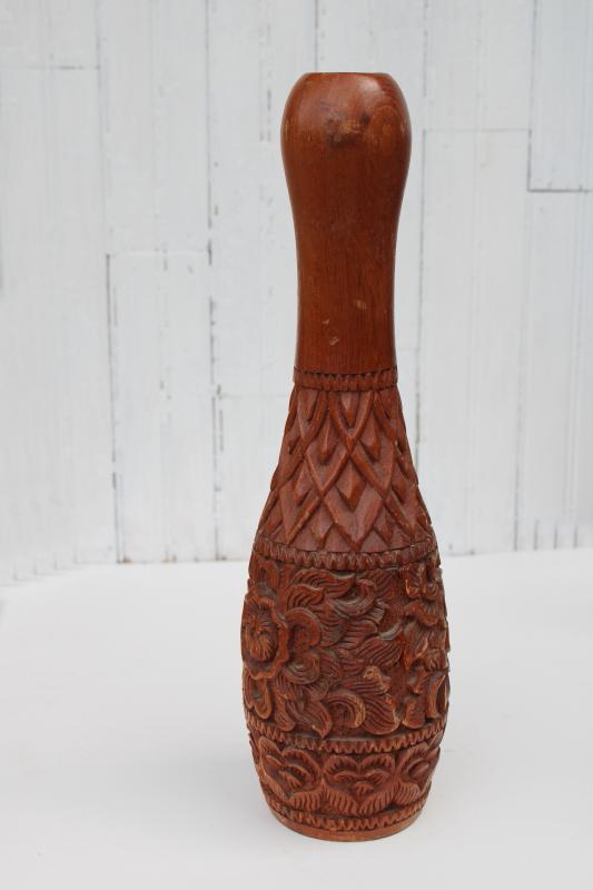retro bohemian vintage carved sheesham wood candle holder from India, big bowling pin shape