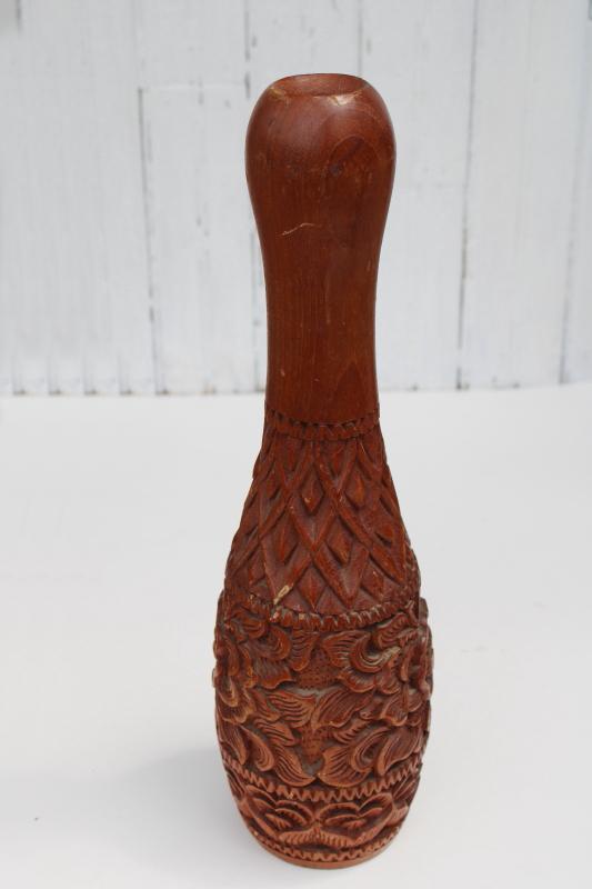 retro bohemian vintage carved sheesham wood candle holder from India, big bowling pin shape