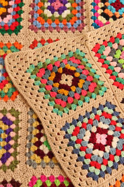 retro bright colors scrap yarn granny squares afghan / throw blanket, 70s vintage
