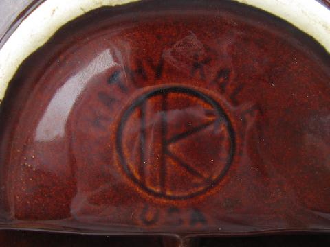 retro brown drip stoneware pottery, vintage Kathy Kale divided serving bowl