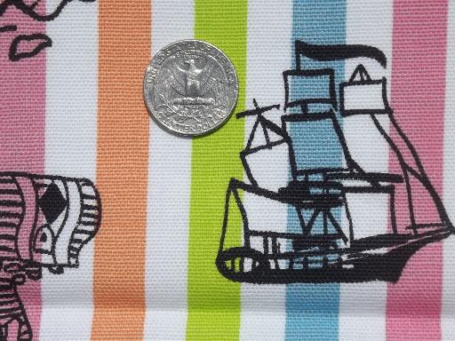 retro candy stripe fabric w/ print pirate theme, treasure chests etc.
