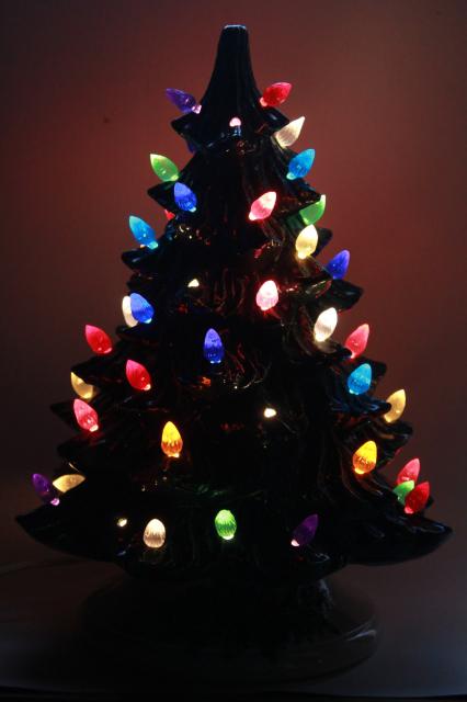 retro ceramic Christmas tree, lighted electric tabletop tree lamp w/ tiny plastic lights