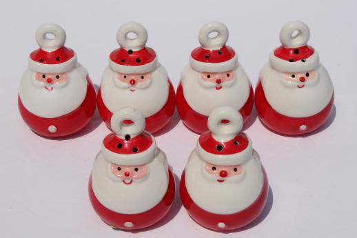 retro ceramic holiday spice set, Christmas Santa shakers hanging ornaments on rack