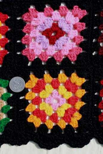 retro crochet granny square afghan blanket, kaleidoscope of colors on black