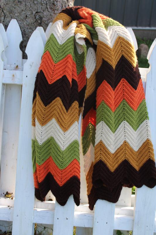 retro fall colors chevrons crochet blanket, 1970s vintage granny ripple afghan