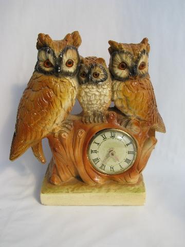 retro family of owls vintage chalkware clock, hunting lodge style!