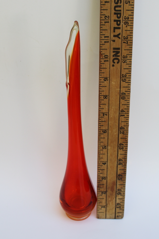 retro flame orange hand blown art glass, mod vintage swung shape bud vase