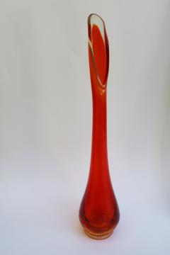 retro flame orange hand blown art glass, mod vintage swung shape bud vase