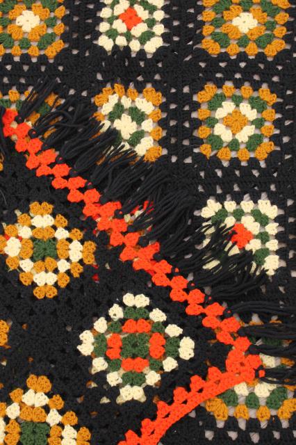 retro fringe crochet afghan blanket, 70s vintage fall harvest colors & black