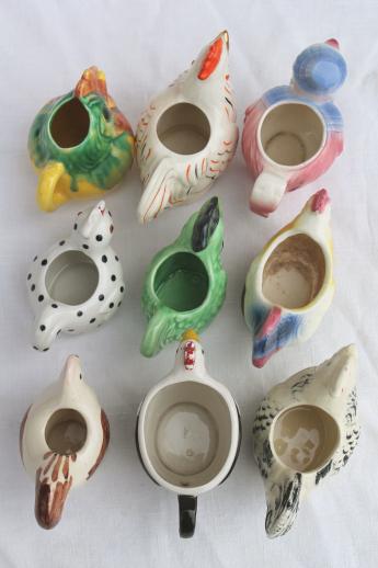 retro funky chicken figurines & cream pitchers, vintage ceramic chickens lot
