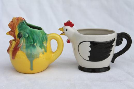 retro funky chicken figurines & cream pitchers, vintage ceramic chickens lot