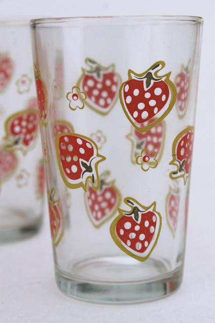 Retro Glass Tumblers Set Drinking Glasses W Red Strawberries Print Vintage Libbey Glassware
