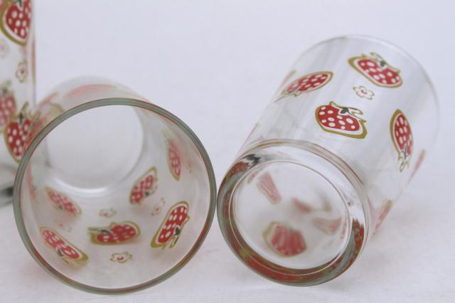 retro glass tumblers set, drinking glasses w/ red strawberries print, vintage Libbey glassware