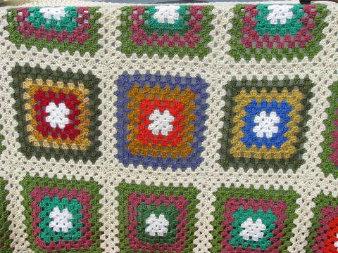 retro granny squares vintage crocheted bedspread, large afghan