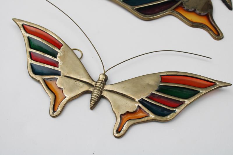 retro hippie stained glass brass butterflies wall art boho decor, vintage Enesco