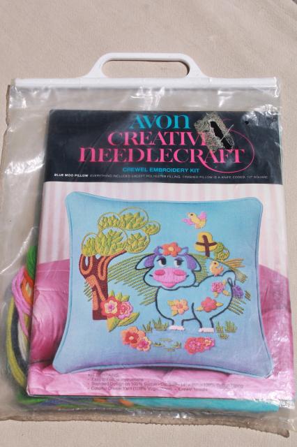 retro hippie vintage crewel embroidery kit, daisy cow w/ flowers to embroider