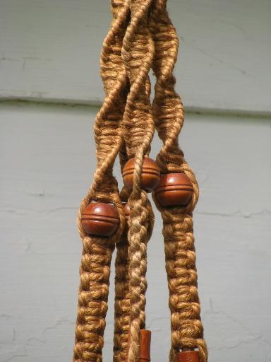 retro macrame rope plant hanger w/ hand-painted Mexican pottery pot