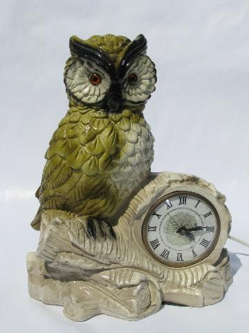 retro owls, vintage figural desk or table clock, Lanshire electric movement