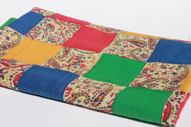 retro patchwork print vintage cotton fabric, lightweight barkcloth texture decorator material