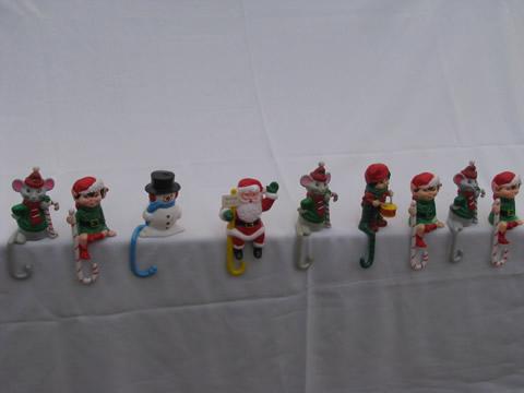 retro plastic Santa, elves, Christmas figures shelf sitter stocking hooks