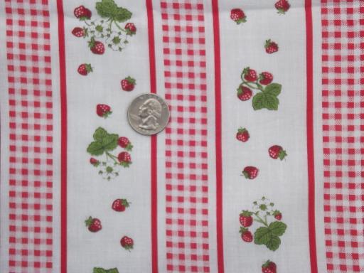 retro red gingham strawberry stripe print cotton fabric, 70s 80s vintage