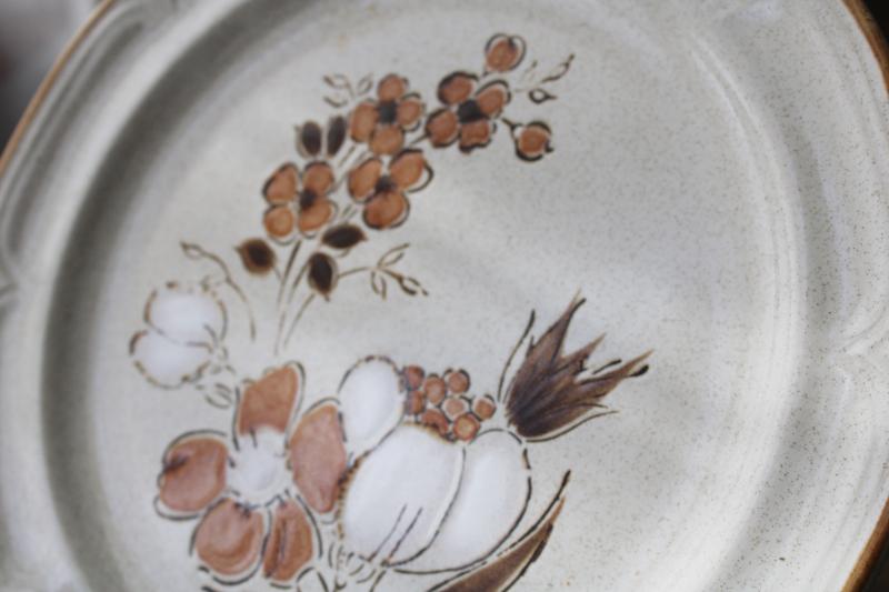 retro stoneware dinner plates set, vintage Japan Hearthside latte brown floral