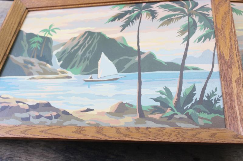 retro tiki style tropical island beach paintings, vintage paint by number pictures