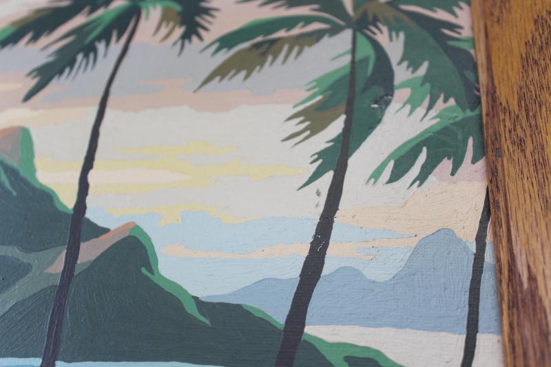 retro tiki style tropical island beach paintings, vintage paint by number pictures