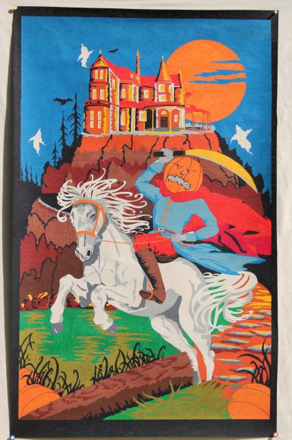 retro vintage Halloween paint by number art poster wall hanging, Headless Horseman