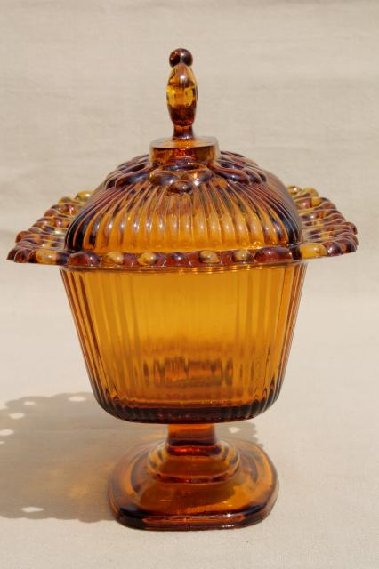 retro vintage amber glass candy dish, Indiana glass open lace edge wedding box 