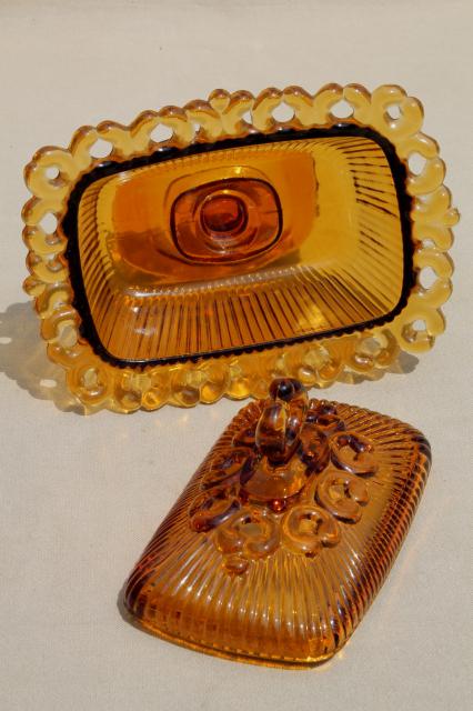 retro vintage amber glass candy dish, Indiana glass open lace edge wedding box 