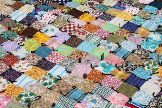 retro vintage boho crazy quilt, patchwork blocks in bright cotton prints & colors