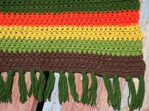 retro vintage crochet acrylic afghan, lime green, orange, gold, brown