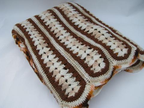 retro vintage crochet afghan lap blanket, brown earth tone colors